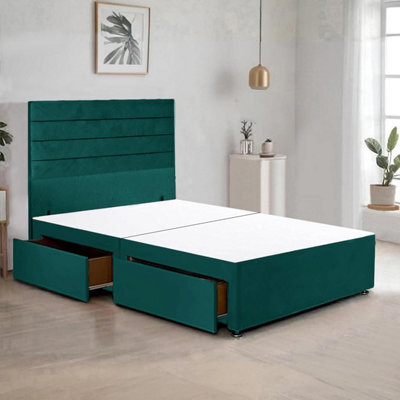 Emerald Green Plush Fabric 4Ft Small Double Bed Frame With 48 Inch Horizontal Line Headboard And 2 Drawers - image 1