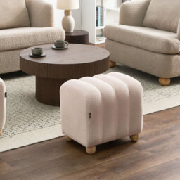 Wyld And Coco Boucle Teddy Pouffe Off-White Rectangular Ottoman With Round Wooden Legs, Ribbed Upholstery, 49 X 38 X 46 Cm - thumbnail 2