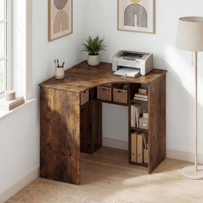 Brown Triangle Corner Computer Desk With Charging Station Open Shelves - image 1