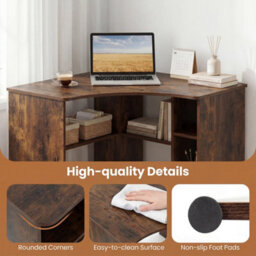Brown Triangle Corner Computer Desk With Charging Station Open Shelves - thumbnail 3