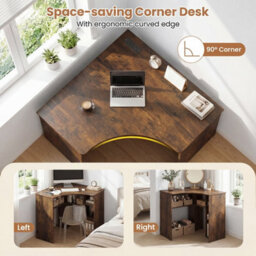 Brown Triangle Corner Computer Desk With Charging Station Open Shelves - thumbnail 5