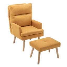 Living And Home Yellow Chenille Upholstered Lounge Chair With Footstool - thumbnail 1