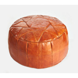Tan Tunisian Leather Round Pouffe Footrest - Hand Crafted Artisan Leather Beanbag Footstool Seat - Measures H25.5 X W47Cm