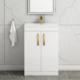Royal Bathrooms Turin Gloss White 600mm Floor Standing Vanity Unit 2 Door With Mid-Edge Basin Sink & Brushed Brass Handles - thumbnail 1