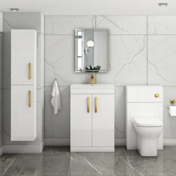 Royal Bathrooms Turin Gloss White 600mm Floor Standing Vanity Unit 2 Door With Mid-Edge Basin Sink & Brushed Brass Handles - thumbnail 4
