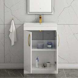 Royal Bathrooms Turin Gloss White 600mm Floor Standing Vanity Unit 2 Door With Mid-Edge Basin Sink & Brushed Brass Handles - thumbnail 3