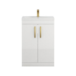 Royal Bathrooms Turin Gloss White 600mm Floor Standing Vanity Unit 2 Door With Mid-Edge Basin Sink & Brushed Brass Handles - thumbnail 6