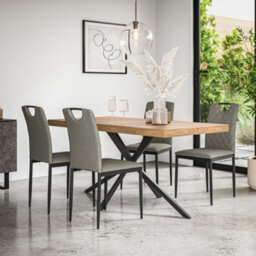 More4Homes Donni Dining Table And Chairs -  Oak Effect Table Top W Black Legs + Monza Linen Dining Chair Set Of 4 (Grey)