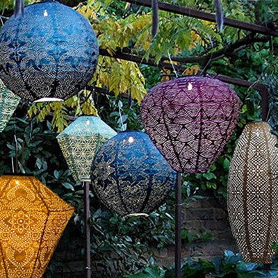 Dawsons Living, Solar Powered Led Large Garden Lantern Outdoor Light - Select Colours & Shapes - Round Moroccan Blue - image 1