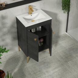 Royal Bathrooms Verona 500mm Black Woodgrain Floor Standing Bathroom Vanity Unit 2 Door With Minimalist Basin & Brushed Brass Knob - thumbnail 5