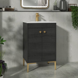 Royal Bathrooms Verona 500mm Black Woodgrain Floor Standing Bathroom Vanity Unit 2 Door With Minimalist Basin & Brushed Brass Knob - thumbnail 1