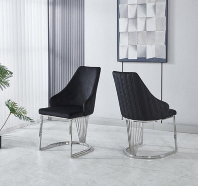 Set Of 2 Modernique Black Velvet Upholstered Dining Chairs With Chrome Metal Legs - image 1
