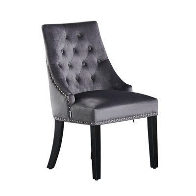 Life Interiors Grey Windsor Luxury Velvet Dining Chair Ergonomic Scoop Knockerback & Button Tufted With Black Solid Wood Legs - image 1