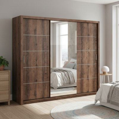 Large Bono Sz250 Monastery Oak Wardrobe With Sliding Doors And Mirror Stylish Practical Bedroom Storage - image 1