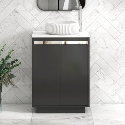 Royal Bathrooms Orion 600mm Matt Obsidian Black Floor Standing Plain White Countertop Vanity Unit 2 Door With Milan Basin & Chrome Accent Trim - image 1