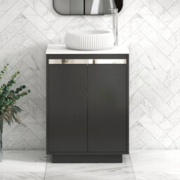 Royal Bathrooms Orion 600mm Matt Obsidian Black Floor Standing Plain White Countertop Vanity Unit 2 Door With Milan Basin & Chrome Accent Trim - thumbnail 1