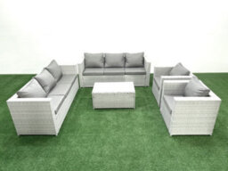 Fimous Outdoor Rattan Sofa Garden Furniture Set 2 Armchairs Oblong Coffee Table Light Grey - thumbnail 2