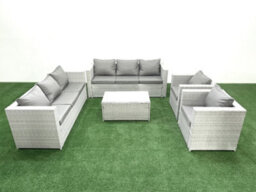 Fimous Outdoor Rattan Sofa Garden Furniture Set 2 Armchairs Oblong Coffee Table Light Grey - thumbnail 1
