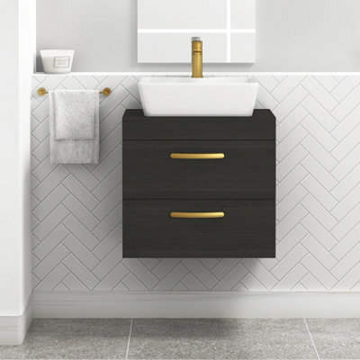 Royal Bathrooms 600mm Wall Hung Vanity Unit 2 Drawer Hale Black & Cube Countertop Basin With Brushed Brass Handle - image 1