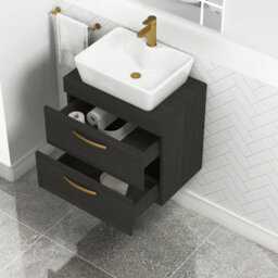 Royal Bathrooms 600mm Wall Hung Vanity Unit 2 Drawer Hale Black & Cube Countertop Basin With Brushed Brass Handle - thumbnail 3