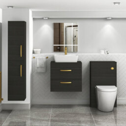 Royal Bathrooms 600mm Wall Hung Vanity Unit 2 Drawer Hale Black & Cube Countertop Basin With Brushed Brass Handle - thumbnail 2