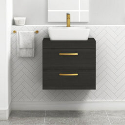 Royal Bathrooms 600mm Wall Hung Vanity Unit 2 Drawer Hale Black & Cube Countertop Basin With Brushed Brass Handle - thumbnail 1