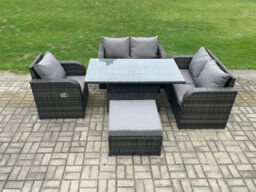 Fimous Wicker Pe Rattan Furniture Garden Dining Set Outdoor Height Adjustable Rising Lifting Table Love Sofa - thumbnail 1