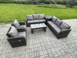 Fimous Wicker Pe Rattan Sofa Set Outdoor Patio Garden Furniture With Reclining Chair Coffee Table Side Table Dark Grey Mixed - thumbnail 2