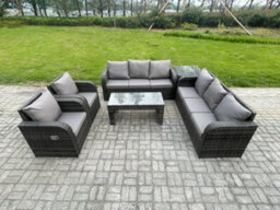 Fimous Wicker Pe Rattan Sofa Set Outdoor Patio Garden Furniture With Reclining Chair Coffee Table Side Table Dark Grey Mixed - thumbnail 1