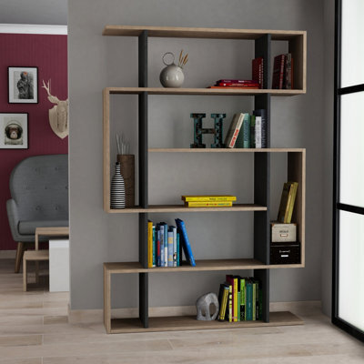 Decortie Mito Modern Bookcase Display Unit Stylish Storage Solution Oak Anthracite Grey Tall 161Cm - image 1