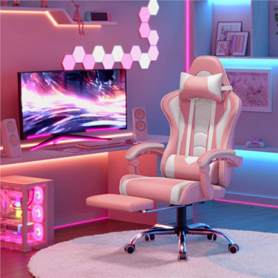 Yaheetech Ergonomic Gaming Chair W/ Footrest And Massage Lumbar Pillow - Pink/white - image 1