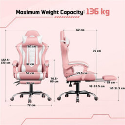 Yaheetech Ergonomic Gaming Chair W/ Footrest And Massage Lumbar Pillow - Pink/white - thumbnail 3