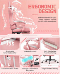 Yaheetech Ergonomic Gaming Chair W/ Footrest And Massage Lumbar Pillow - Pink/white - thumbnail 8