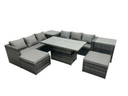 Fimous Rattan Dining Table Sofa Set With 2 Side Tables 2 Stools Outdoor 8 Seat Garden Furniture Set Dark Grey Mixed - thumbnail 2