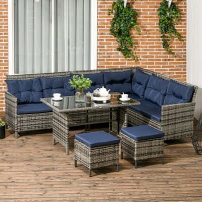 Outsunny 6 Pcs Patio Wicker Sofa Set Rattan Chair Furniture, Dark Blue - image 1