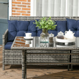Outsunny 6 Pcs Patio Wicker Sofa Set Rattan Chair Furniture, Dark Blue - thumbnail 9