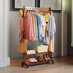 BMBO Wooden Clothes Rail With Shelves & Wheels Walnut Brown - thumbnail 4
