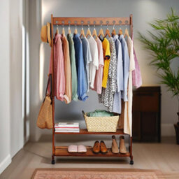 BMBO Wooden Clothes Rail With Shelves & Wheels Walnut Brown - thumbnail 5