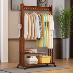 BMBO Wooden Clothes Rail With Shelves & Wheels Walnut Brown - thumbnail 3