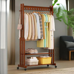 BMBO Wooden Clothes Rail With Shelves & Wheels Walnut Brown - thumbnail 1