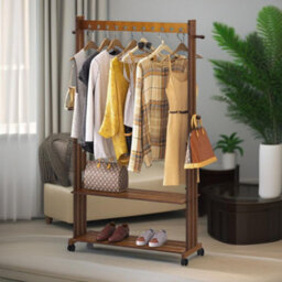 BMBO Wooden Clothes Rail With Shelves & Wheels Walnut Brown - thumbnail 2
