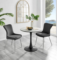 Furniturebox Uk Elina White Marble Effect Round Dining Table & 2 Dark Grey Nora Silver Leg Chairs