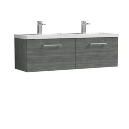 Balterley Bramshall 1200mm Wall Hung 2 Drawer Vanity Unit & Double Basin For Modern Bathroom Storage - Anthracite Woodgrain - thumbnail 1