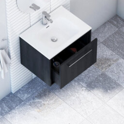 Royal Bathrooms Livora 600mm Black Woodgrain Wall Hung Bathroom Vanity Unit 1 Drawer Storage Cabinet With Ceramic Basin - thumbnail 4