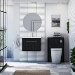 Royal Bathrooms Livora 600mm Black Woodgrain Wall Hung Bathroom Vanity Unit 1 Drawer Storage Cabinet With Ceramic Basin - thumbnail 3