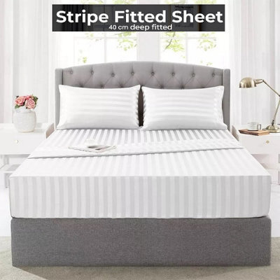 Ameha Stripe Fitted Sheet 40 Cm Deep Pocket- Hypoallergenic Easy Care White Bed Sheets Uk Single Bedsheet(90X190Cm) - image 1
