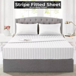 Ameha Stripe Fitted Sheet 40 Cm Deep Pocket- Hypoallergenic Easy Care White Bed Sheets Uk Single Bedsheet(90X190Cm) - thumbnail 1