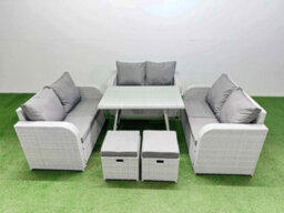 Fimous Rattan Garden Furniture Dining Set 8-Seater Patio Rectangular Table Love Sofa Set With 2 Small Stools - thumbnail 1