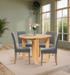 Hallowood Furniture Waverly Drop Leaf Round Table With 4 Upholstered Chairs In Grey Fabric