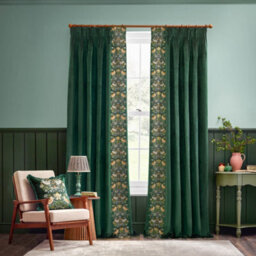 Morris & Co Strawberry Thief Embroidery Embroidered Velvet Room Darkening Pencil Pleat Curtain Pair Forest Green - thumbnail 2